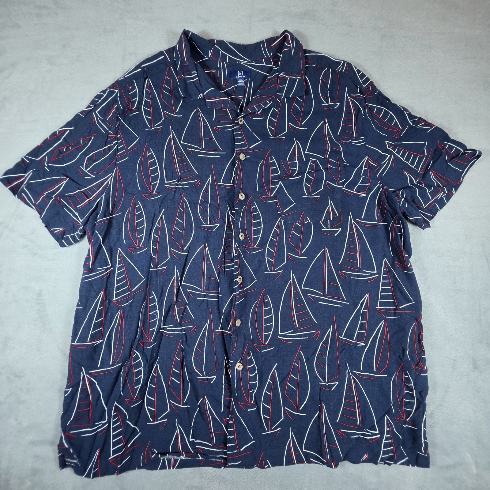 George Shirt 3xl Blue Sailboat Print Rayon Short Sleeve Button Up Chest 30 Lengt
